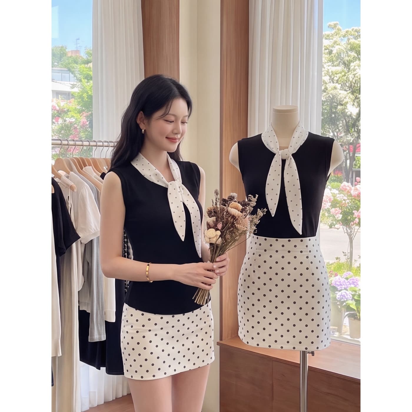 실사 재고 있음 나비 매듭 칼라 민소매 티셔츠 여성 셔츠 여름 프랑스식 핫걸 코디 타이트 스커트 도트 무늬 반신 스커트