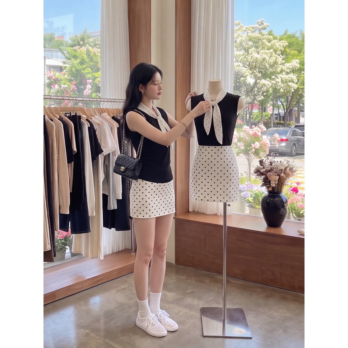 실사 재고 있음 나비 매듭 칼라 민소매 티셔츠 여성 셔츠 여름 프랑스식 핫걸 코디 타이트 스커트 도트 무늬 반신 스커트 이미지 2