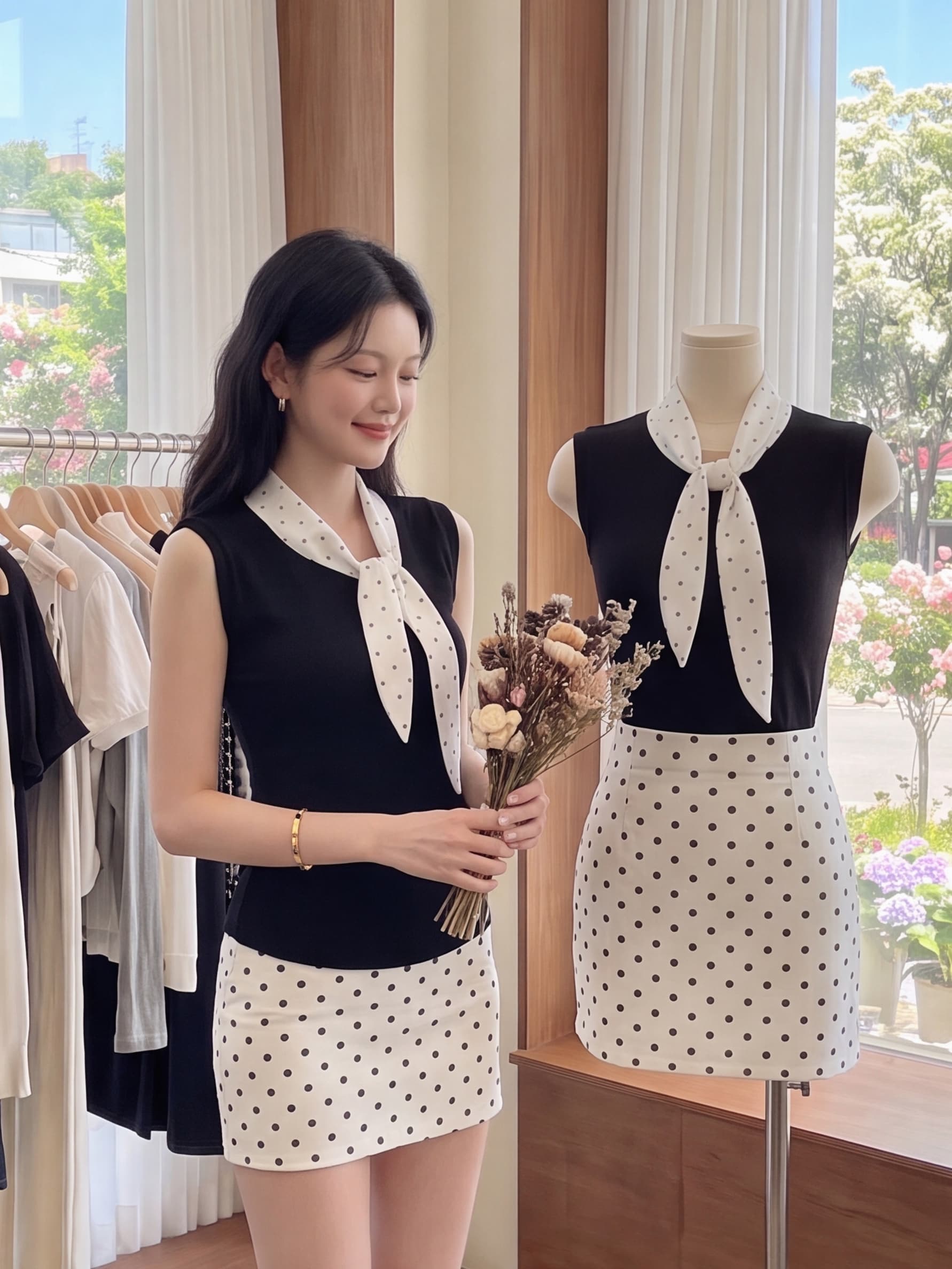 실사 재고 있음 나비 매듭 칼라 민소매 티셔츠 여성 셔츠 여름 프랑스식 핫걸 코디 타이트 스커트 도트 무늬 반신 스커트 상세 이미지 1