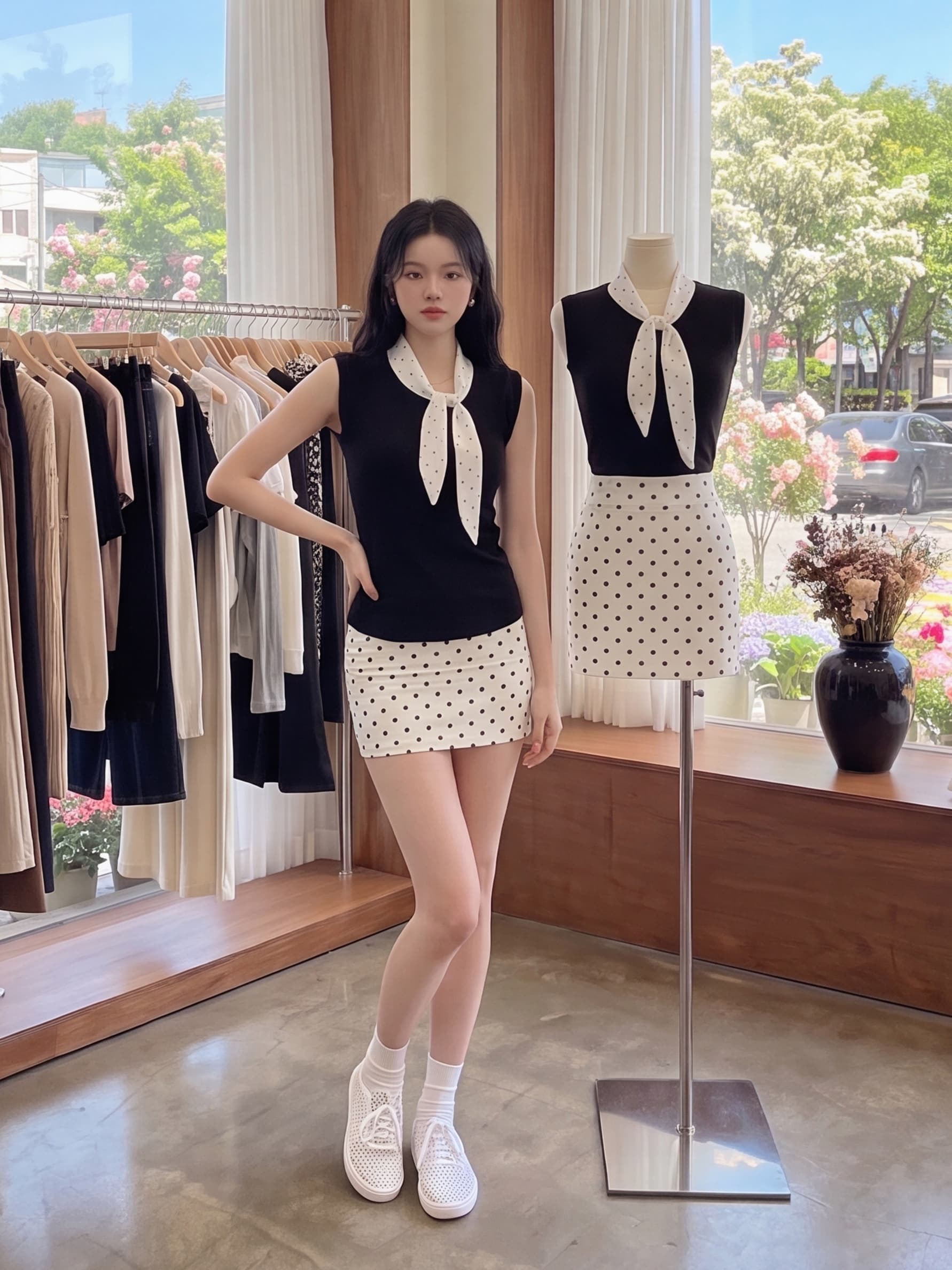 실사 재고 있음 나비 매듭 칼라 민소매 티셔츠 여성 셔츠 여름 프랑스식 핫걸 코디 타이트 스커트 도트 무늬 반신 스커트 상세 이미지 3