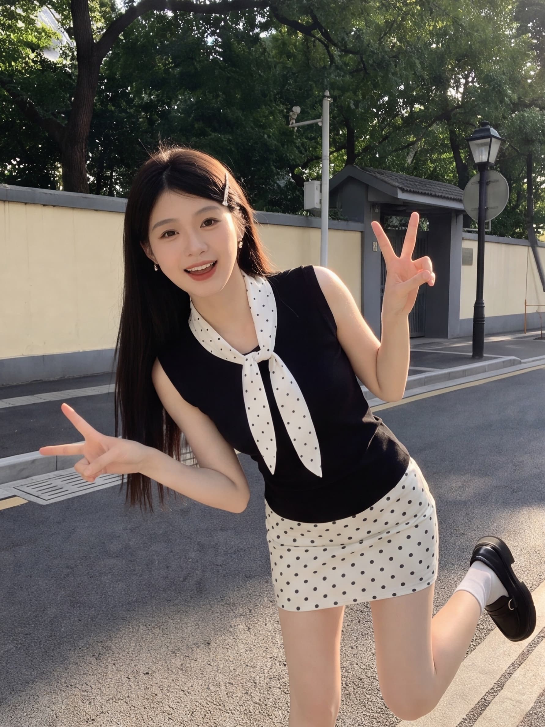 실사 재고 있음 나비 매듭 칼라 민소매 티셔츠 여성 셔츠 여름 프랑스식 핫걸 코디 타이트 스커트 도트 무늬 반신 스커트 상세 이미지 1