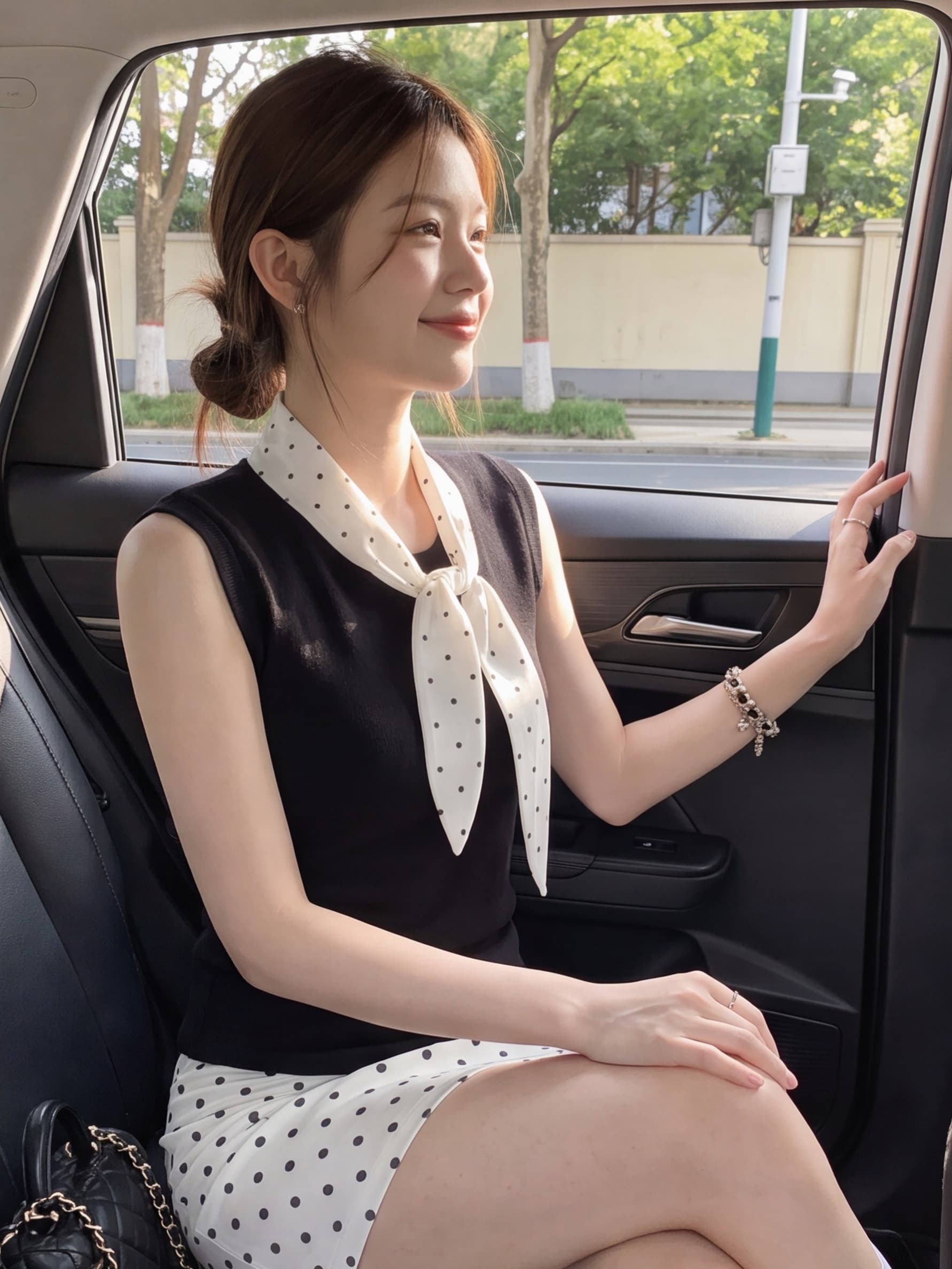 실사 재고 있음 나비 매듭 칼라 민소매 티셔츠 여성 셔츠 여름 프랑스식 핫걸 코디 타이트 스커트 도트 무늬 반신 스커트 상세 이미지 2