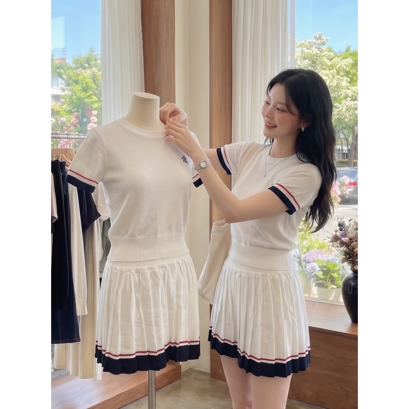 실사 재고 있음 핫걸 바람 라운드 넥 긍정적 인 어깨 반팔 니트 맨위 여성 봄 새로운 몸매 가꾸기 슬림해 보이는 A라인 스커트 짧은