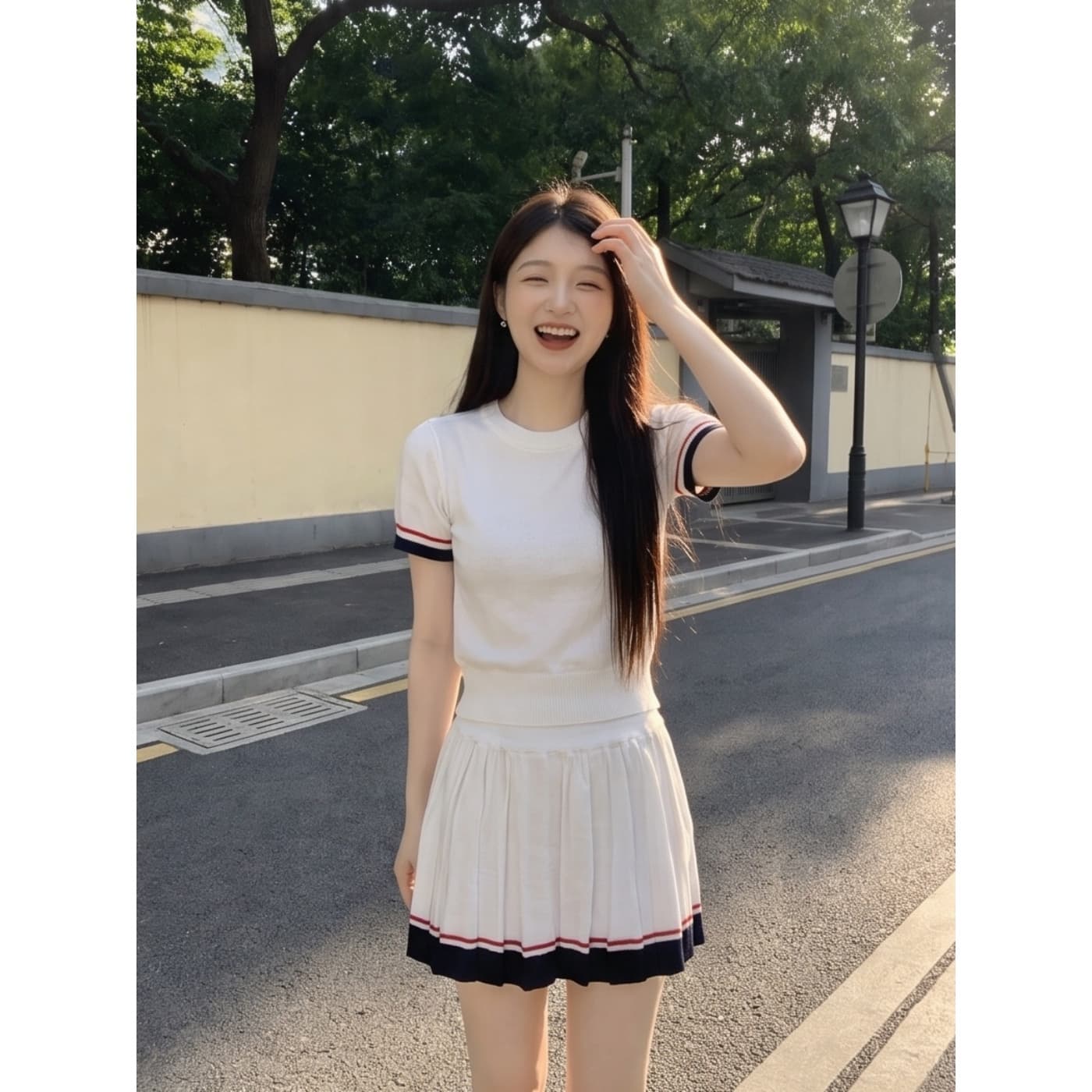 실사 재고 있음 아메리칸 레트로 화이트 니트 반팔 티셔츠 반신 미니 스커트 세트 여성 여름 몸매 가꾸기 투피스 세트 이미지 4