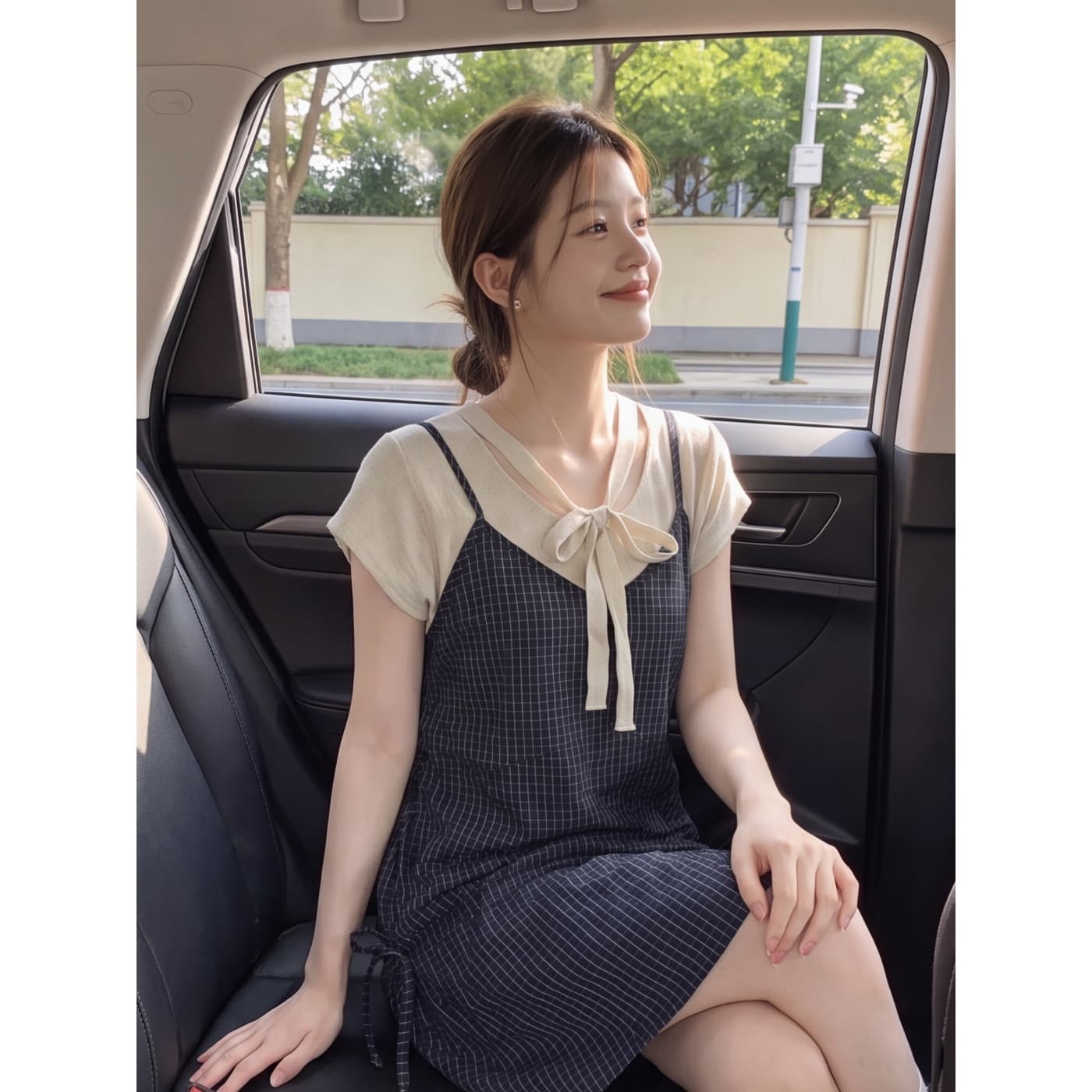 실사 재고 있음 한 부서 느긋한 바람 니트 스택 가져 가라. 체크무늬 캐미솔 드레스 여름 새로운 작은 키 이미지 3
