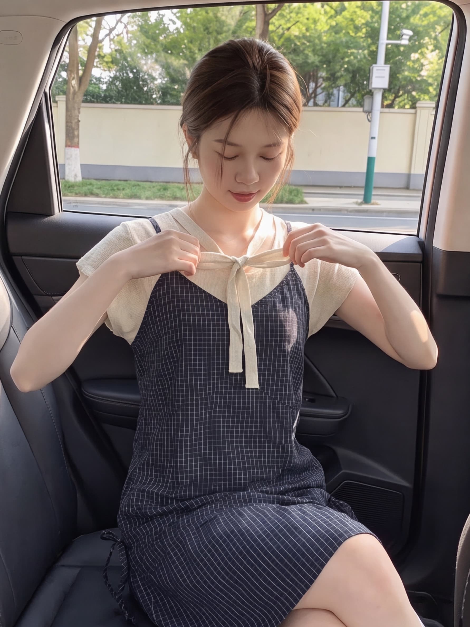 실사 재고 있음 한 부서 느긋한 바람 니트 스택 가져 가라. 체크무늬 캐미솔 드레스 여름 새로운 작은 키 상세 이미지 1