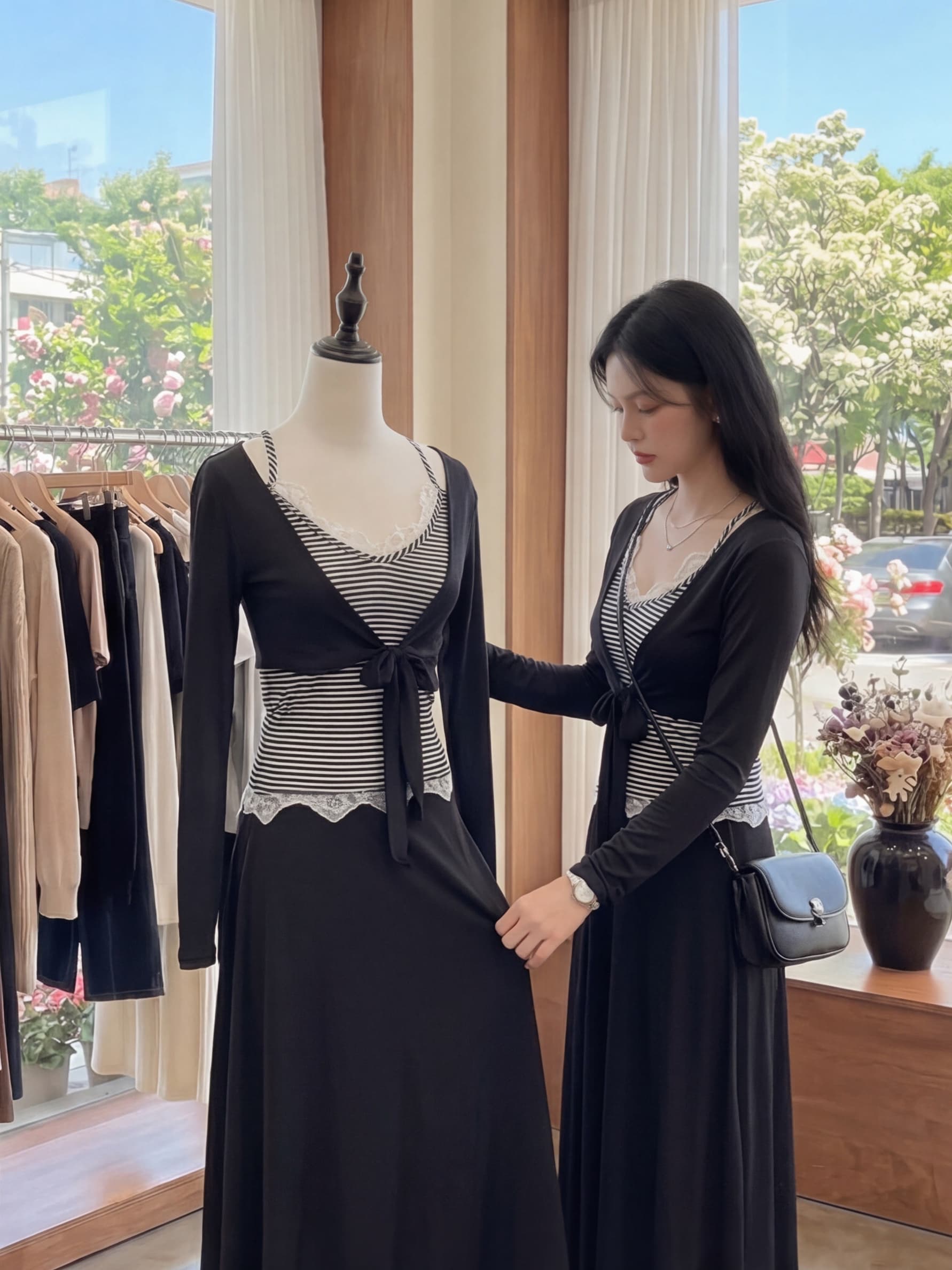 실사 재고 있음 한 부서 품격 V넥 레이스 조각 스트라이프 슬립 긴팔 오픈 가디건 여성 여름 새로운 한 마디 하프 상세 이미지 2