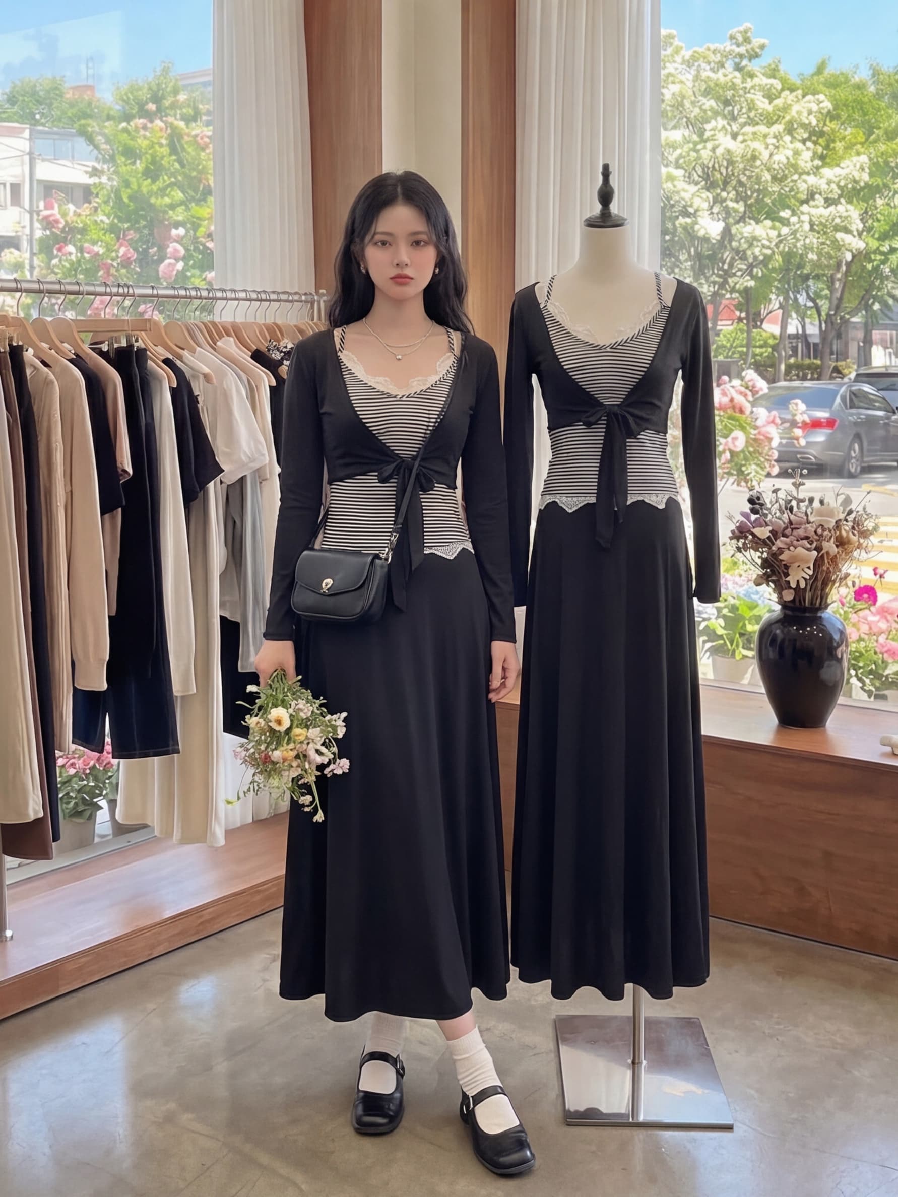 실사 재고 있음 한 부서 품격 V넥 레이스 조각 스트라이프 슬립 긴팔 오픈 가디건 여성 여름 새로운 한 마디 하프 상세 이미지 3