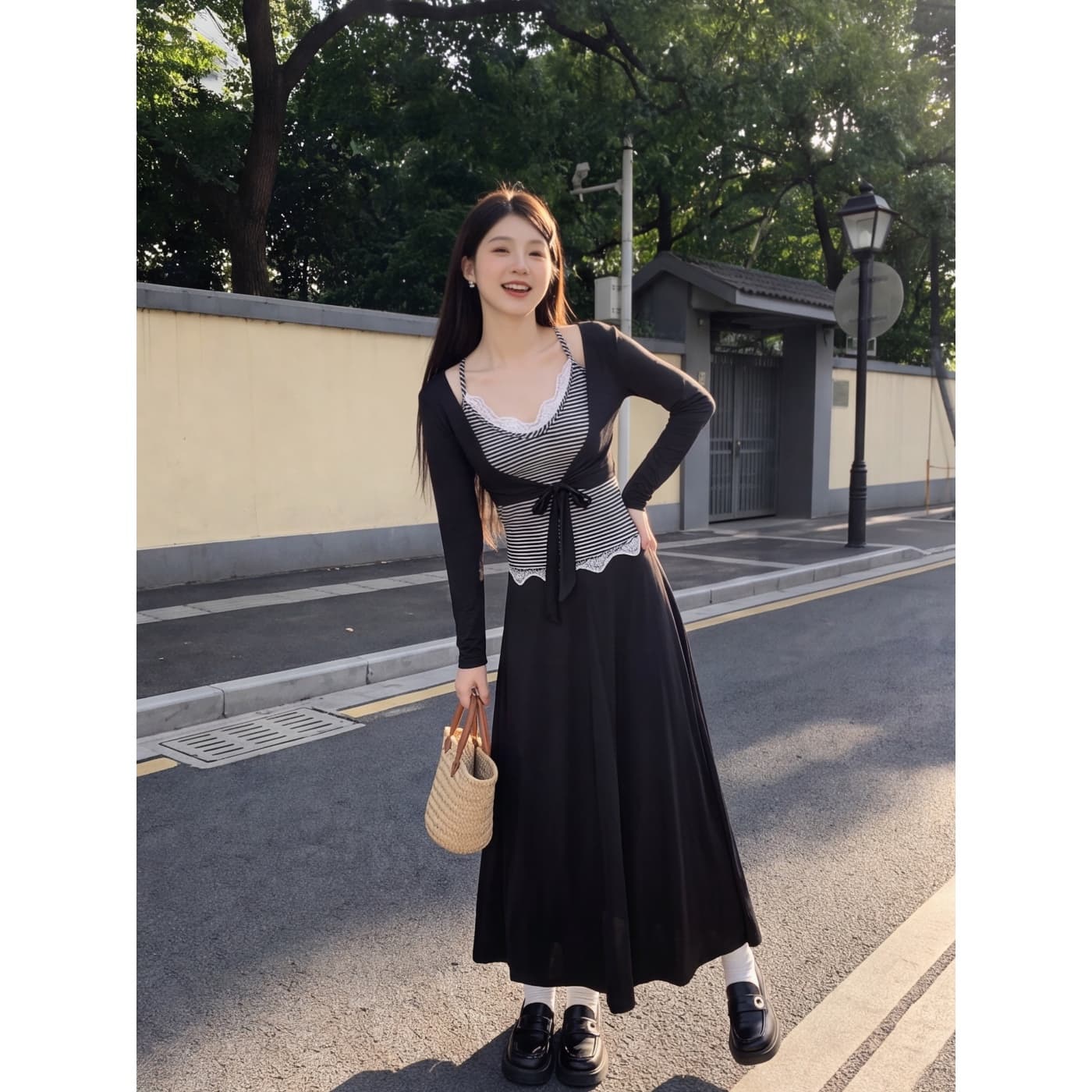 실사 재고 있음 한 부서 품격 V넥 레이스 조각 스트라이프 슬립 긴팔 오픈 가디건 여성 여름 새로운 한 마디 하프