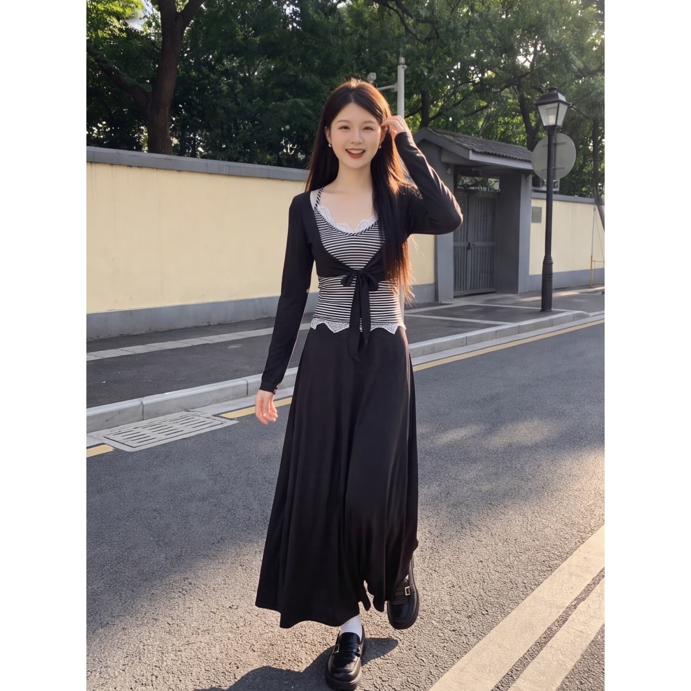 실사 재고 있음 한 부서 품격 V넥 레이스 조각 스트라이프 슬립 긴팔 오픈 가디건 여성 여름 새로운 한 마디 하프 이미지 2
