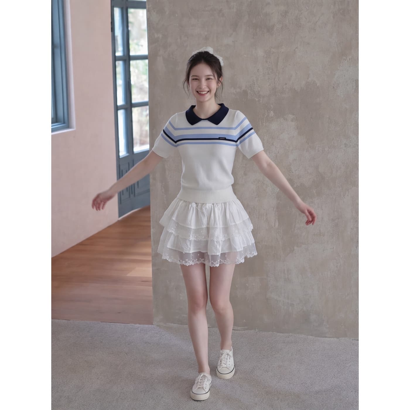 실사 재고 있음 품격 학원 스타일 배색 스트라이프 베이비 칼라 반팔 여성 여름 새로운 한 부서 니트 스웨터 이미지 2