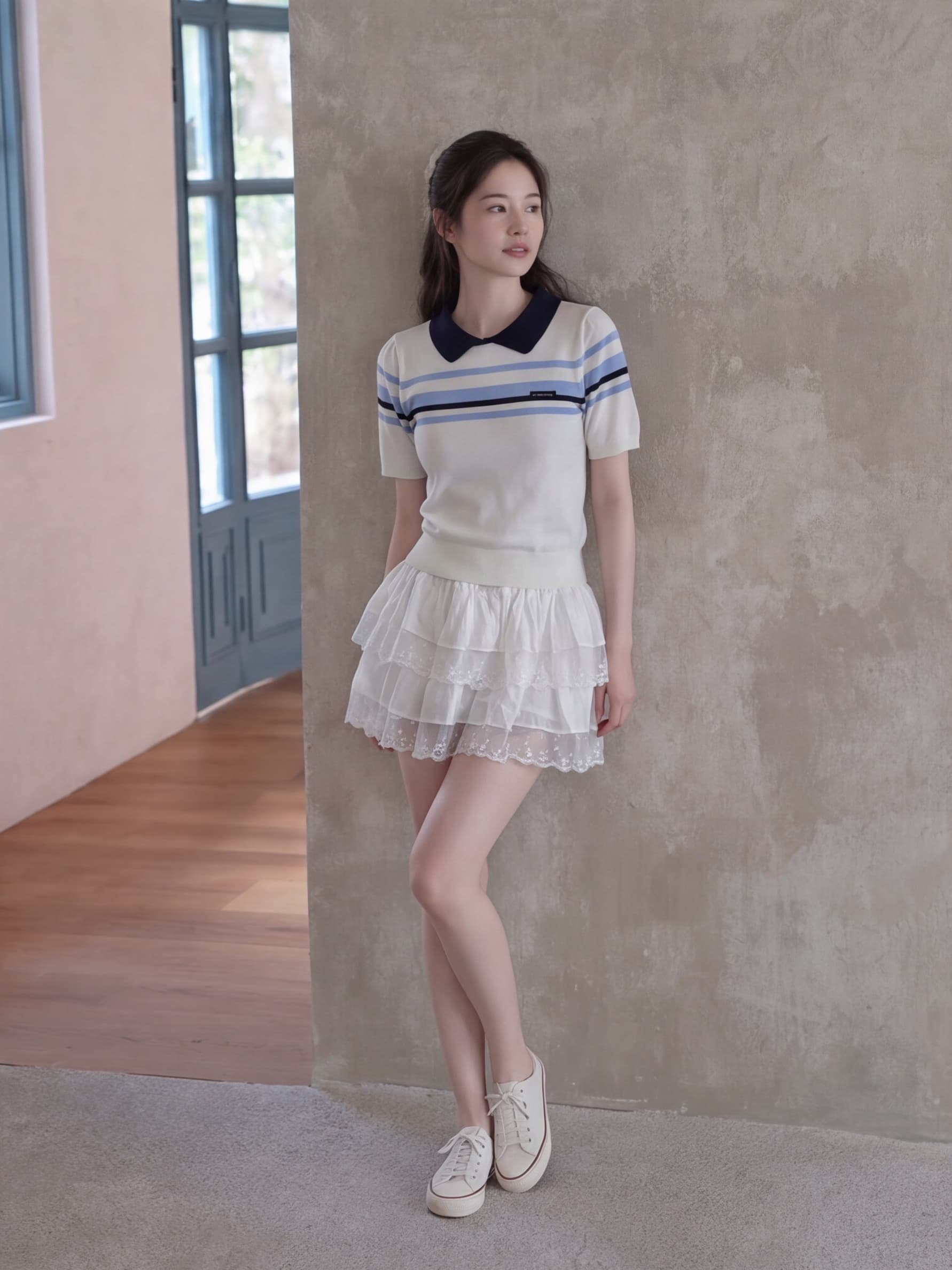 실사 재고 있음 품격 학원 스타일 배색 스트라이프 베이비 칼라 반팔 여성 여름 새로운 한 부서 니트 스웨터 상세 이미지 7