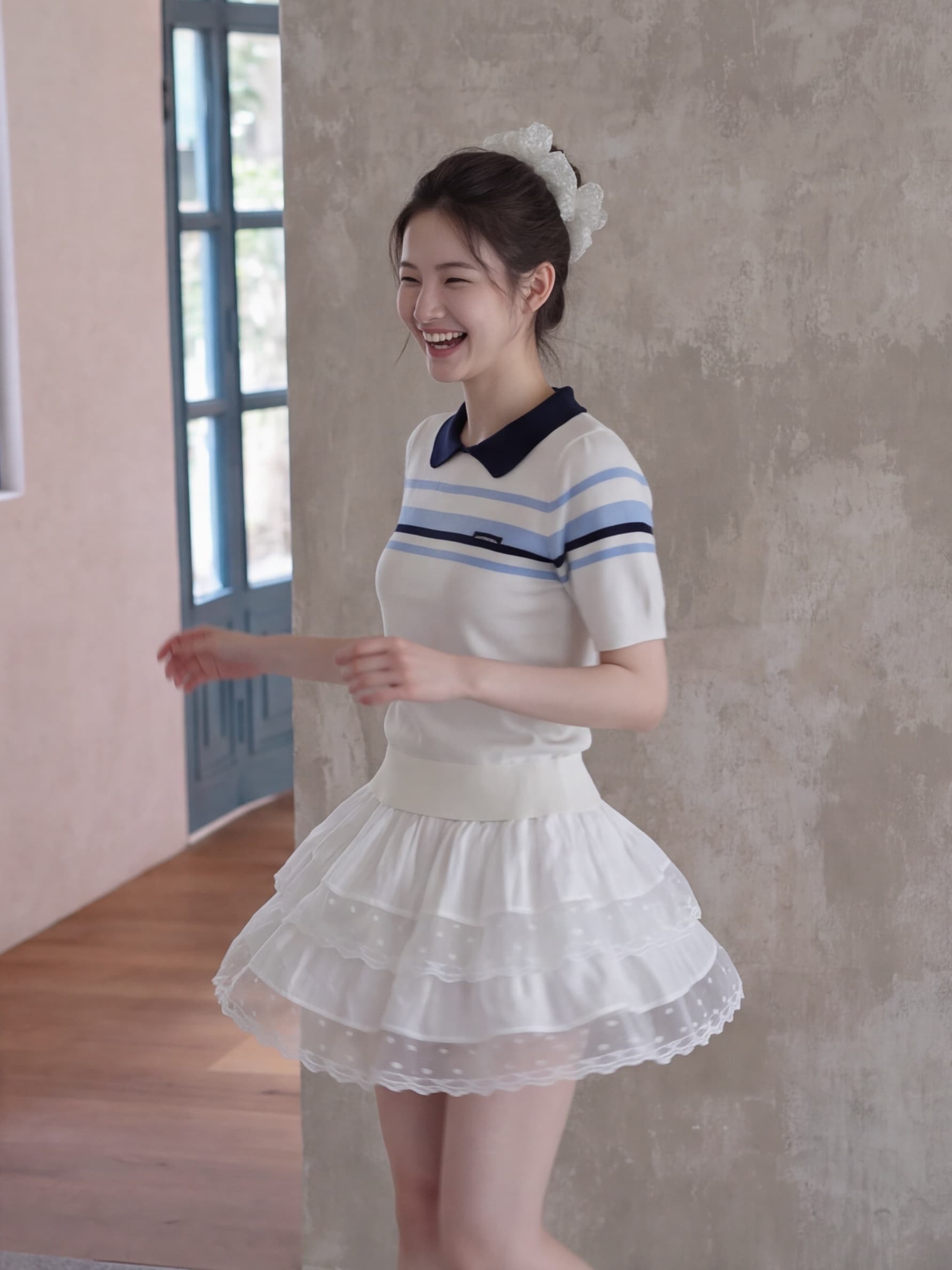 실사 재고 있음 품격 학원 스타일 배색 스트라이프 베이비 칼라 반팔 여성 여름 새로운 한 부서 니트 스웨터 상세 이미지 8