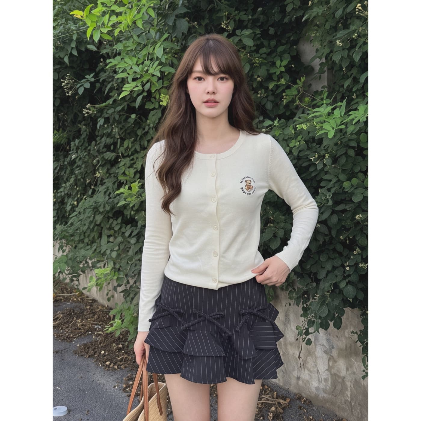 실사 재고 있음 작은 곰 자수 니트 오픈 가디건 여성 봄 가을 부드러운 찹쌀 다용도 루즈핏 학원 스타일 얇은 스타일 스웨터 외부