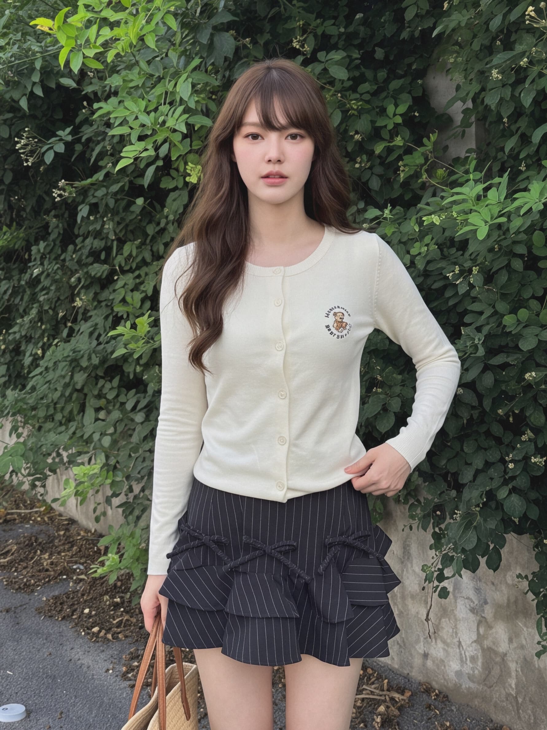 실사 재고 있음 작은 곰 자수 니트 오픈 가디건 여성 봄 가을 부드러운 찹쌀 다용도 루즈핏 학원 스타일 얇은 스타일 스웨터 외부 상세 이미지 1