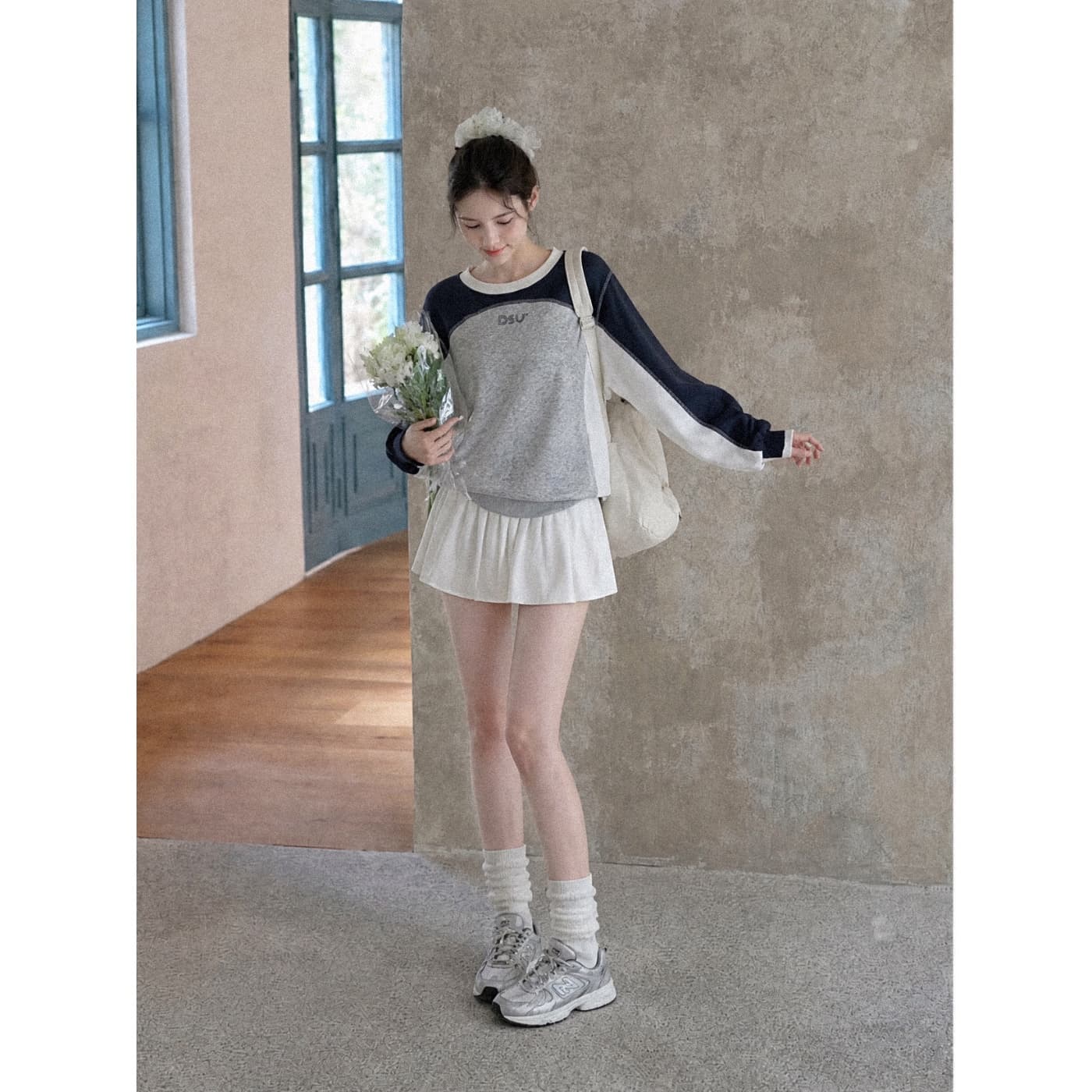 실사 재고 있음 가을 신제품 배색 패치워크 캐주얼 루즈핏 라운드 넥 후드티 여성 아메리칸 레트로 털 서클 순면