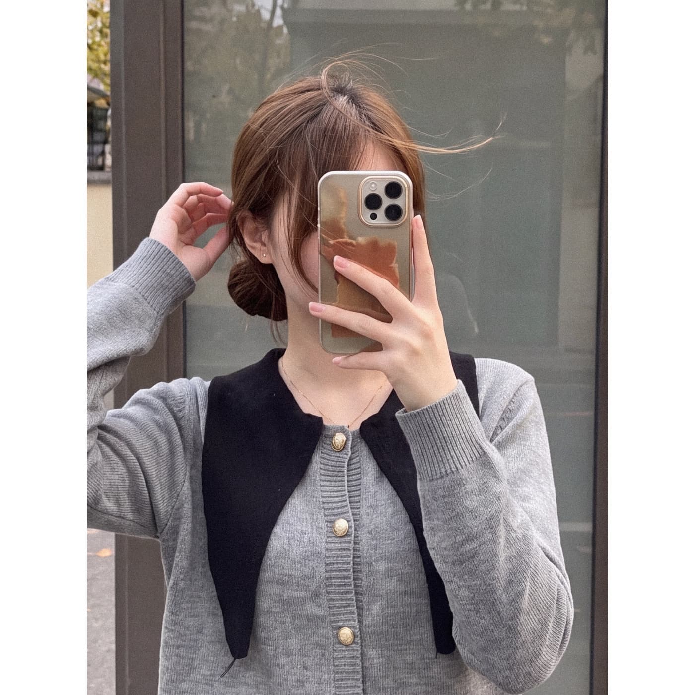 실사 재고 있음 이른 가을 프랑스식 chic 폴로 칼라 레이스업 배색 싱글 줄 버튼 자이언트 잘 생긴 니트 스웨터 스웨터 코트 이미지 4
