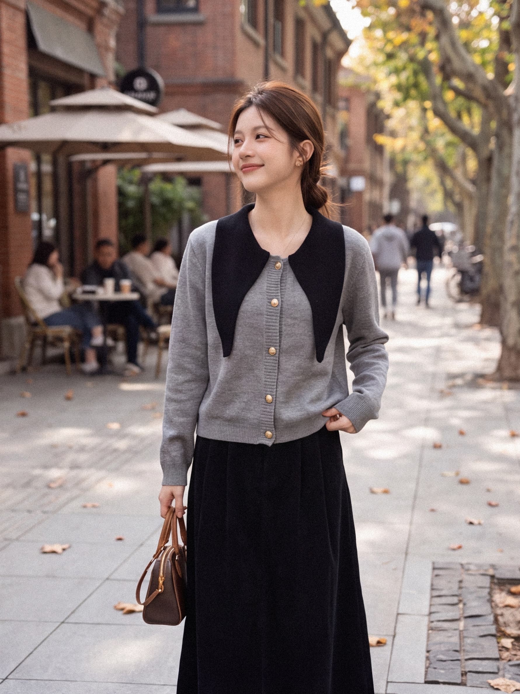 실사 재고 있음 이른 가을 프랑스식 chic 폴로 칼라 레이스업 배색 싱글 줄 버튼 자이언트 잘 생긴 니트 스웨터 스웨터 코트 상세 이미지 2
