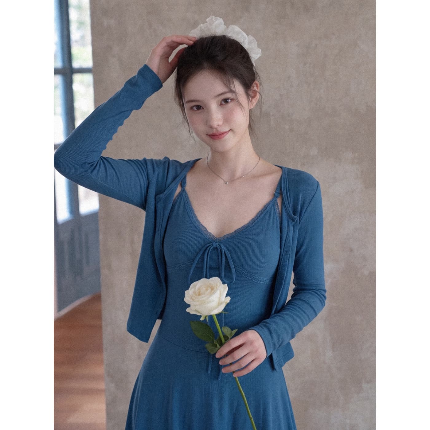 실사 재고 있음 작은 키 품격 핫걸 슬립 드레스 자외선 차단 오픈 가디건 여성 의류 2026 이른 가을 새로운 블루 이미지 3