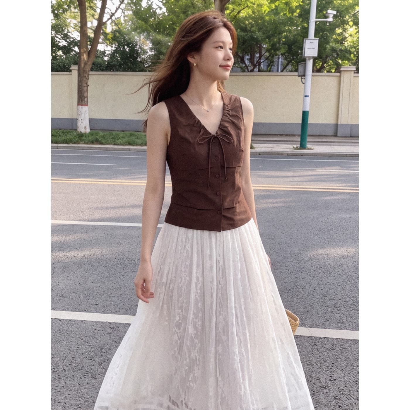 실사 재고 있음 프릴 펌프 로프 허리 수축 조끼 여성 외출용 레이스 반신 롱 스커트 투피스 슈트 착용 가져 가라. 여름 이미지 3