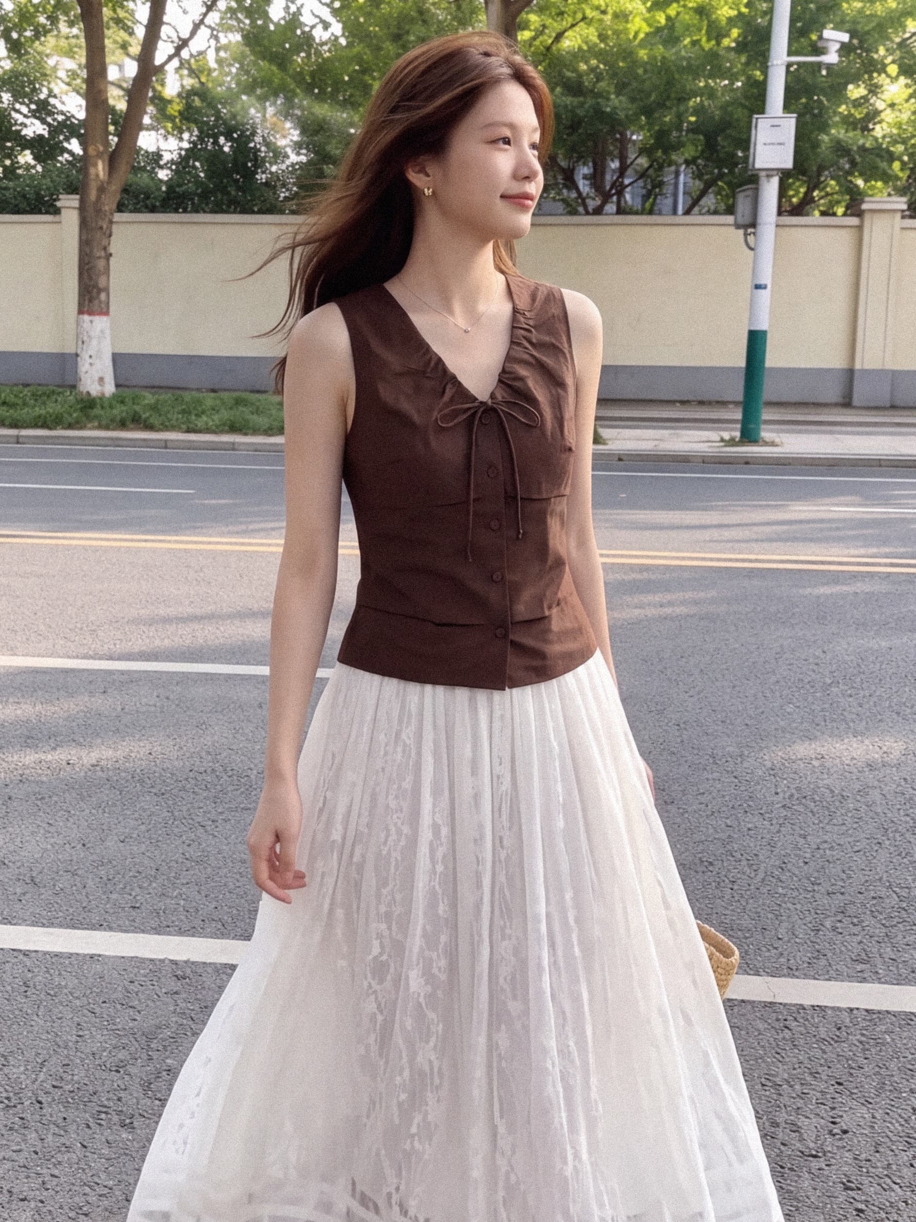 실사 재고 있음 프릴 펌프 로프 허리 수축 조끼 여성 외출용 레이스 반신 롱 스커트 투피스 슈트 착용 가져 가라. 여름 상세 이미지 3