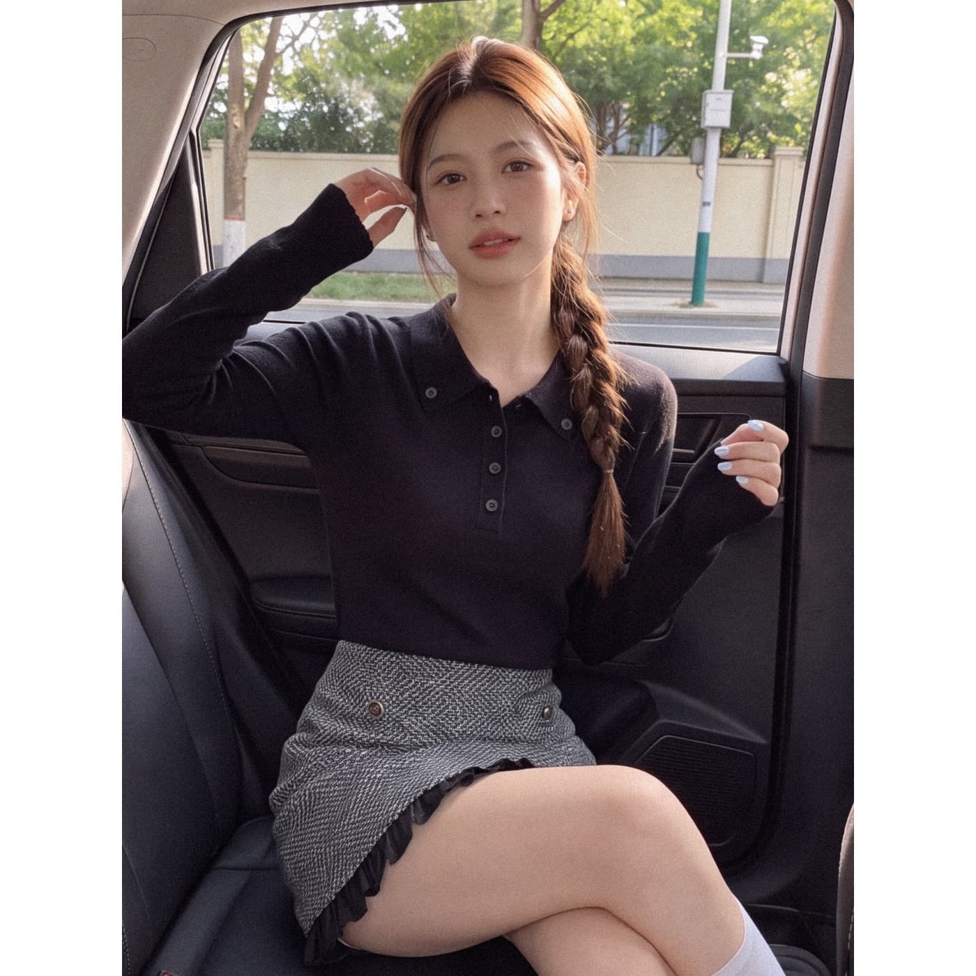 실사 재고 있음 검정색 polo 스카프 칼라 니트 스웨터 맨위 트위드 반신 미니 스커트 디자인 센스 투피스 세트 이미지 4