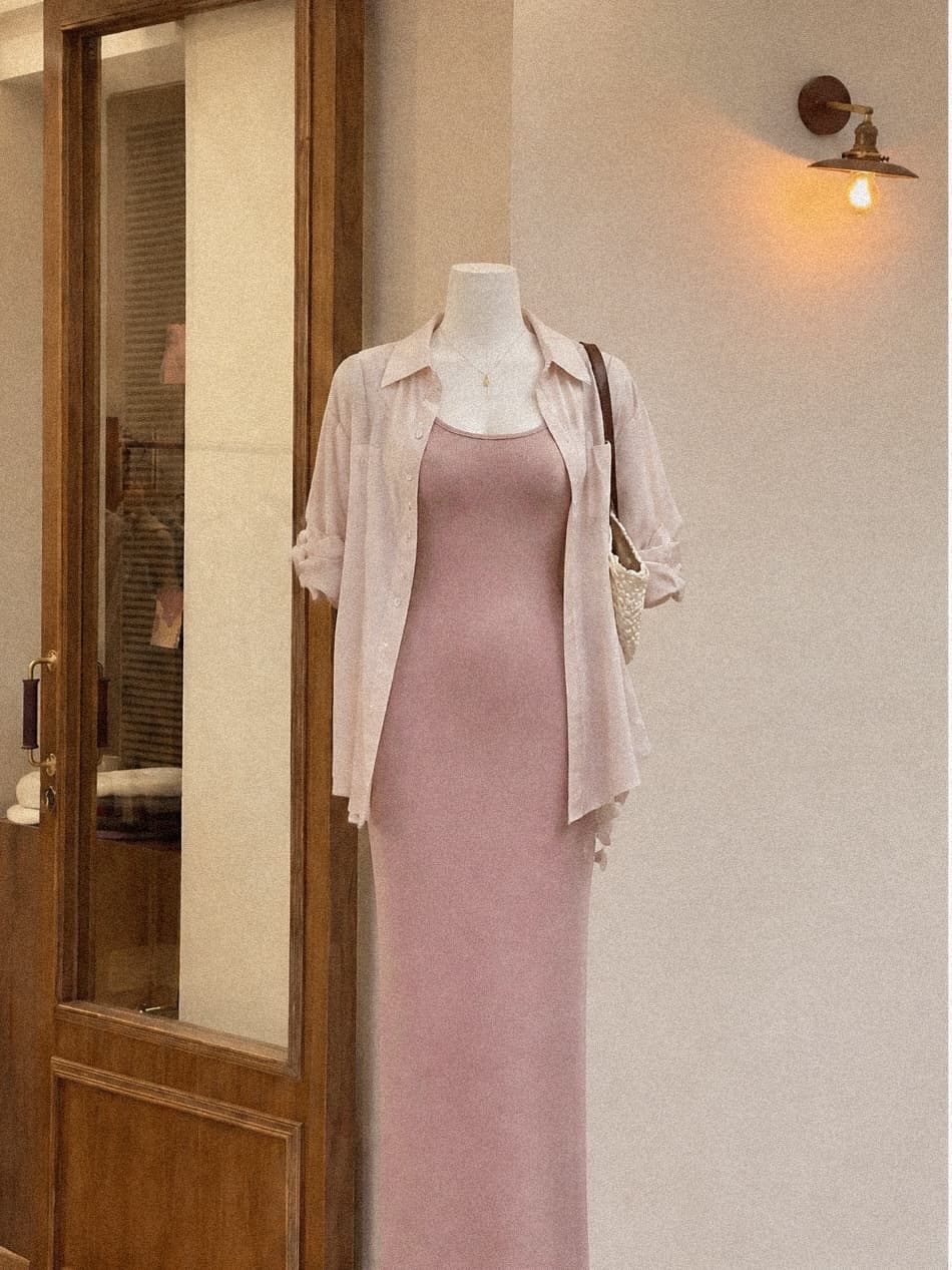 실사 재고 있음 프랑스식 부드러운 핑크색 슬립 여성 드레스 여름 품격 몸매 가꾸기 타이트 스커트 롱 스커트 자외선 차단 열기 상세 이미지 1