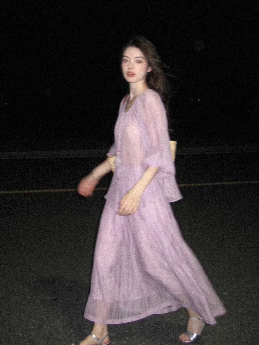 실사 재고 있음 프랑스식 차 휴식 고급 센스 보라색 셔츠 드레스 투피스 슈트 여성 여름 새로운 품격 상세 이미지 4