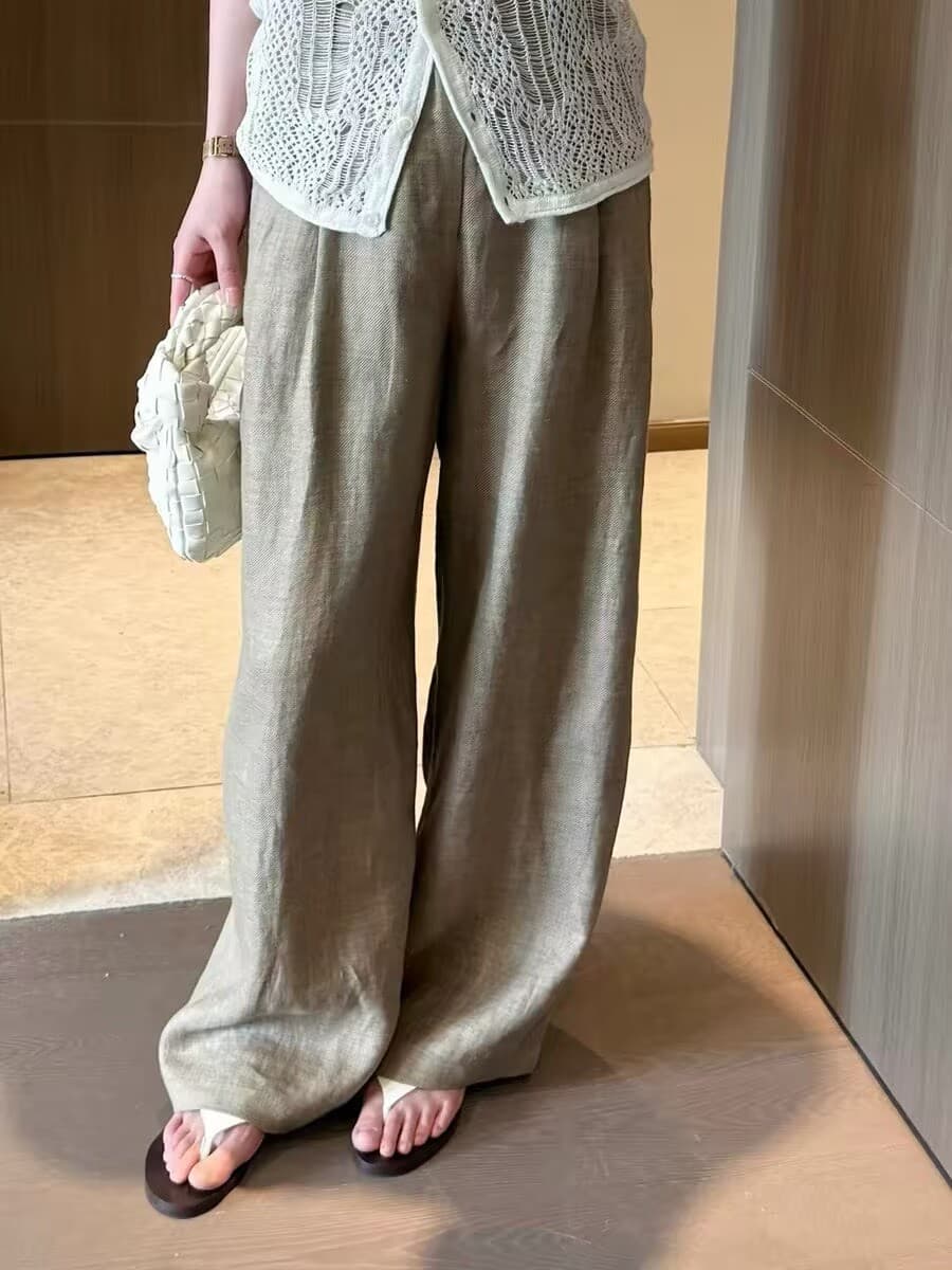 여름 새로운 추천 여름 고급 다시 느슨함 무거운 오래된 돈 바람 아마 스트레이트 루즈핏 와이드 레그 팬츠 이미지 3