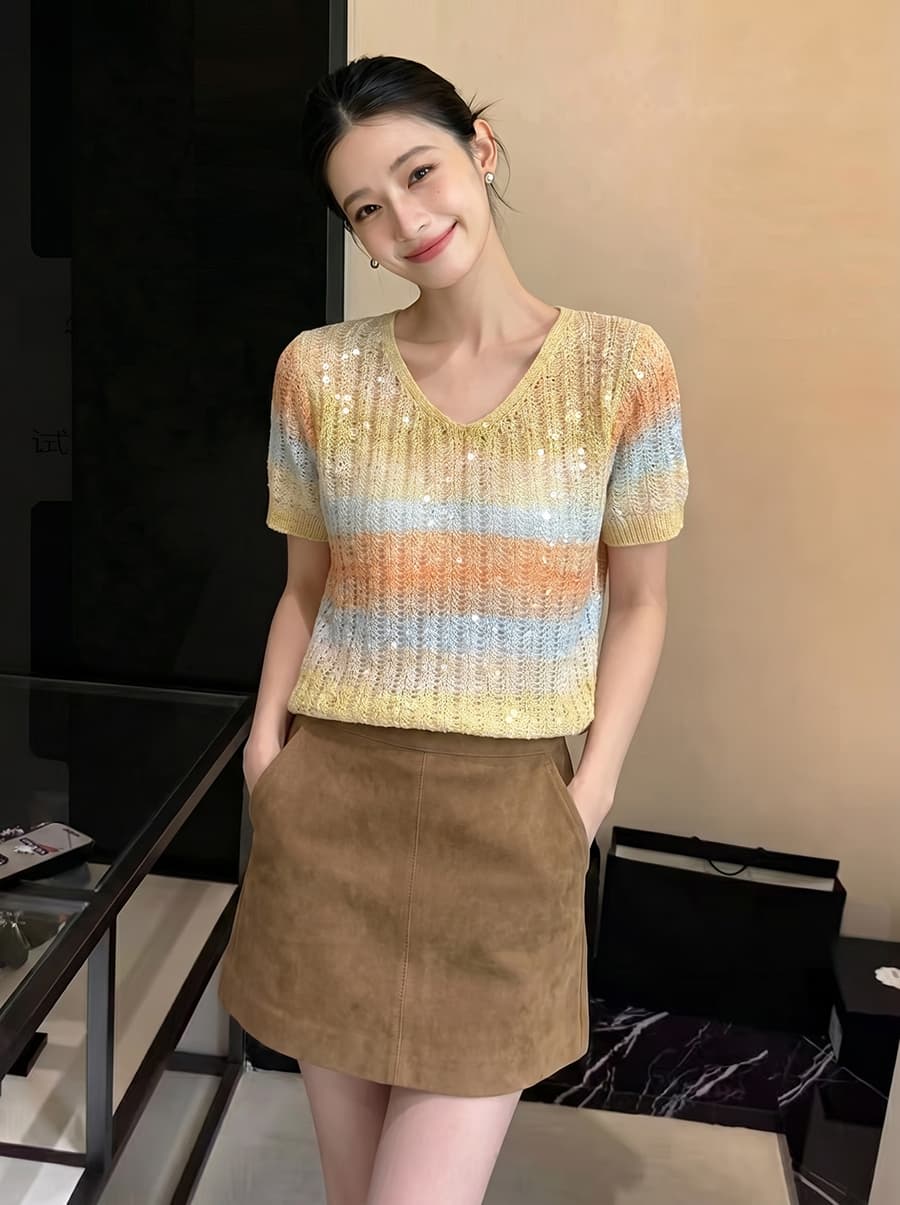 한 부서 부드러운 바람 스팽글 반팔 니트 스웨터 여성 여름 품격 얇은 스타일 통기성 V넥 티셔츠 다용도 슬림해 보이는 맨위 상세 이미지 9