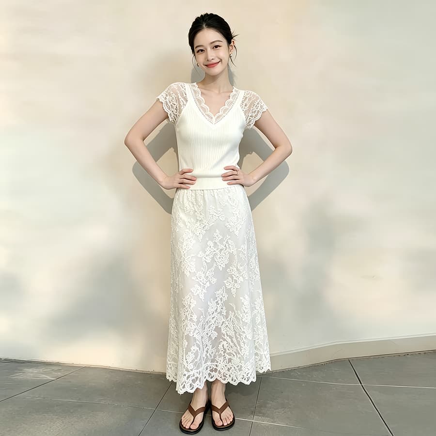 부드러운 바람 하이웨이스트 한 마디 레이스 반신 스커트 여성 봄 여름 화이트 슬림해 보이는 품격 롱 스커트 숙녀 바람 세트 상세 이미지 9