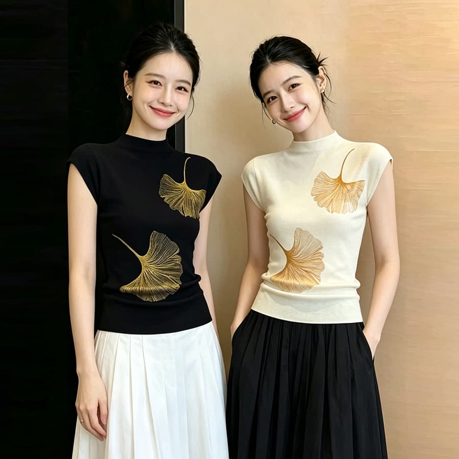 높은 품질 검정색 프린트 민소매 맨위 여성 가을 새로운 몸매 가꾸기 슬림해 보이는 다용도 세련된 디자인 센스 여성 의류 상세 이미지 2