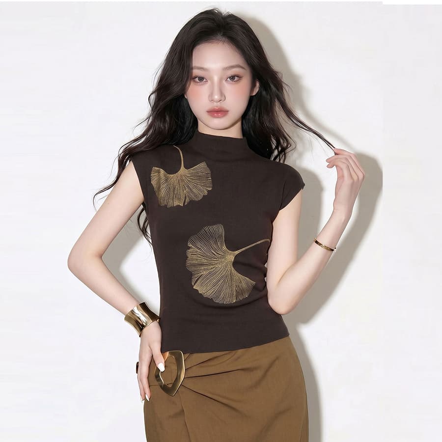 높은 품질 에디션 작은 스탠드 칼라 품격 반팔 니트 스웨터 여성 가을 새로운 몸매 가꾸기 슬림해 보이는 프린트 Chic 맨위 상세 이미지 2
