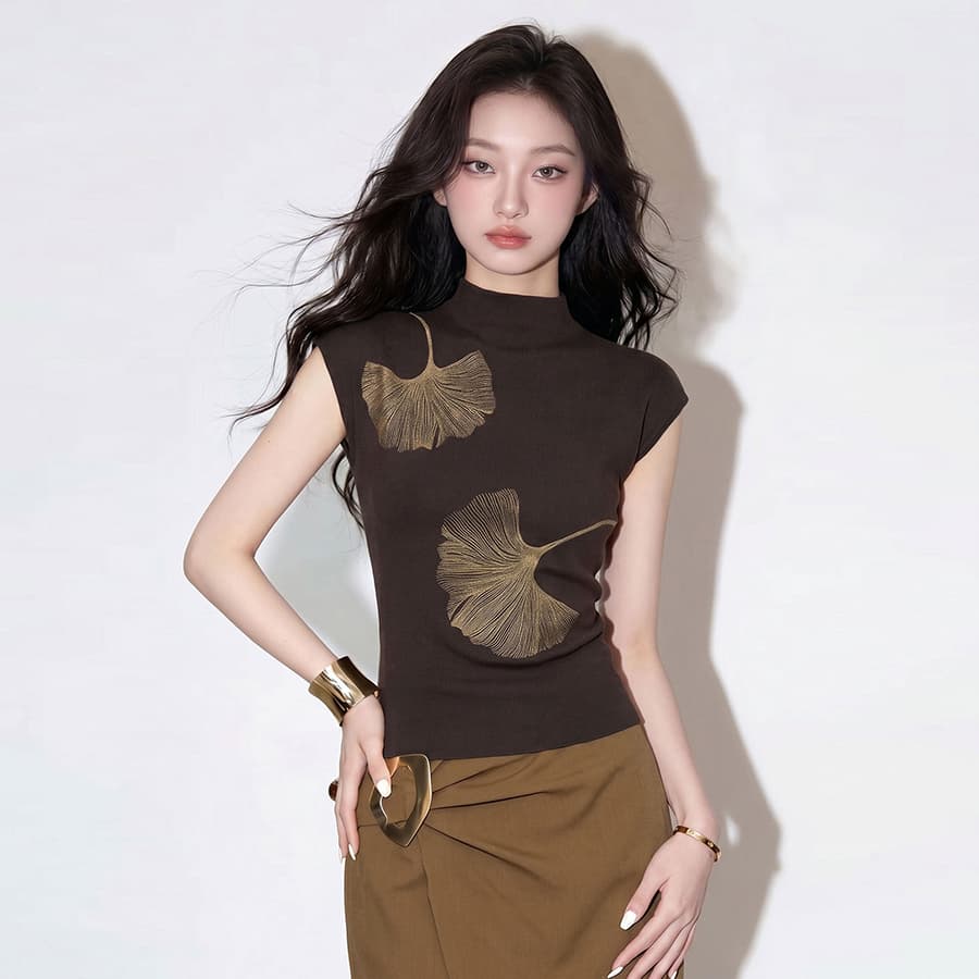 높은 품질 에디션 작은 스탠드 칼라 품격 반팔 니트 스웨터 여성 가을 새로운 몸매 가꾸기 슬림해 보이는 프린트 Chic 맨위 상세 이미지 4