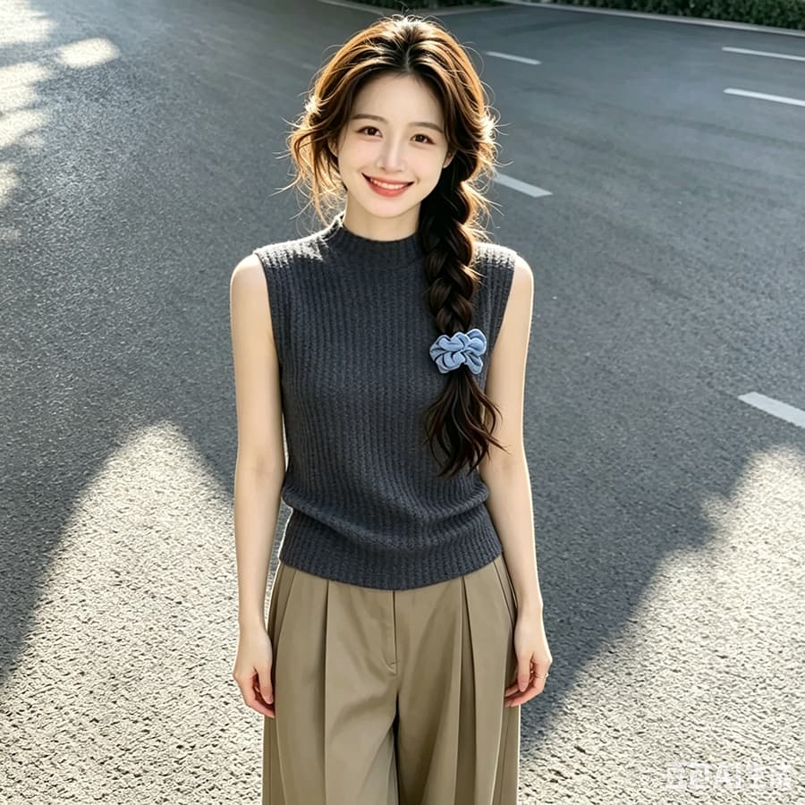 양모 미니멀리즘 편안함 질감 센스 민소매 니트 스웨터 여성 이른 가을 신축성 반하이넥 민소매 기본 셔츠 맨위 상세 이미지 1
