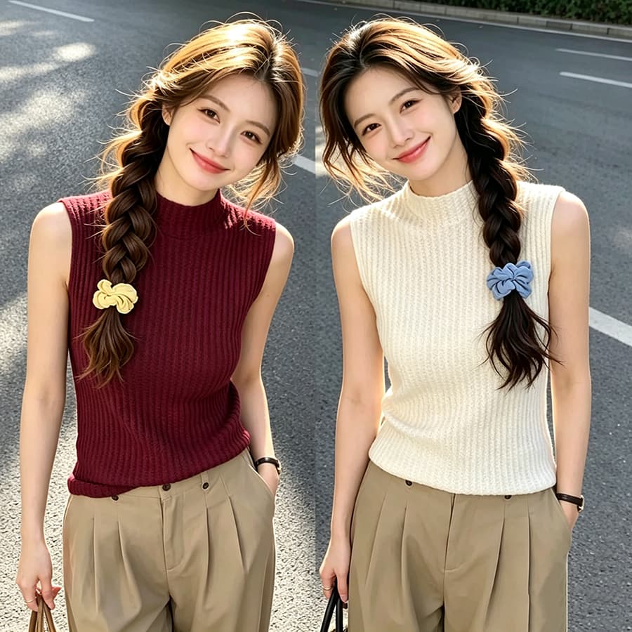 양모 미니멀리즘 편안함 질감 센스 민소매 니트 스웨터 여성 이른 가을 신축성 반하이넥 민소매 기본 셔츠 맨위 상세 이미지 7