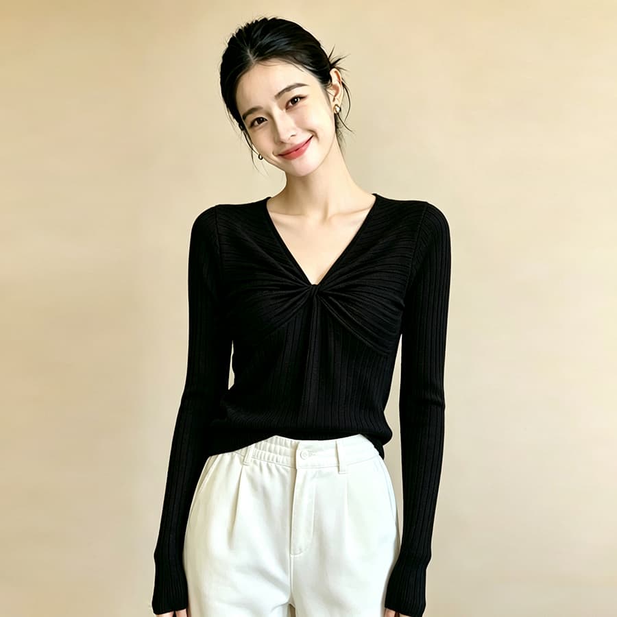 수준 질감 센스 2026 가을 새로운 맨위 여성 V넥 3 차원 비틀림 털 니트 스웨터 기본 셔츠 상세 이미지 10