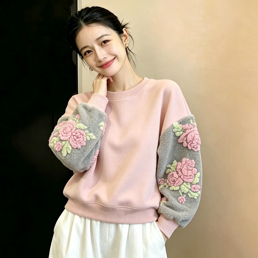 핑크색 패치워크 플러시 소매 라운드 넥 후드티 여성 2026 가을 겨울 새로운 고급 센스 출퇴근 캐주얼 패치워크 색상 맨위 이미지 4