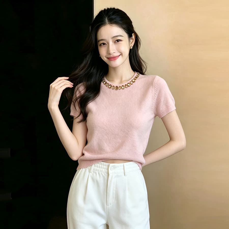 무거운 작업 비즈 박기 스팽글 장식 보라색 반팔 얼음 실크 니트 스웨터 여성 여름 새로운 슬림해 보이는 다용도 품격 맨위