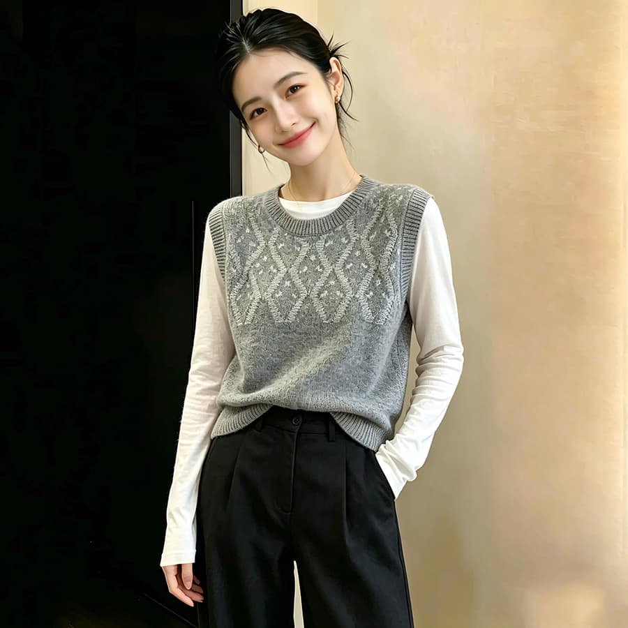 봄 가을 외부 가져 가라. 스택 착용 얇은 스타일 양모 스웨터 여자 작은 키 루즈핏 양모 조끼 베스트 쇼트 스타일 니트 어깨 상세 이미지 1