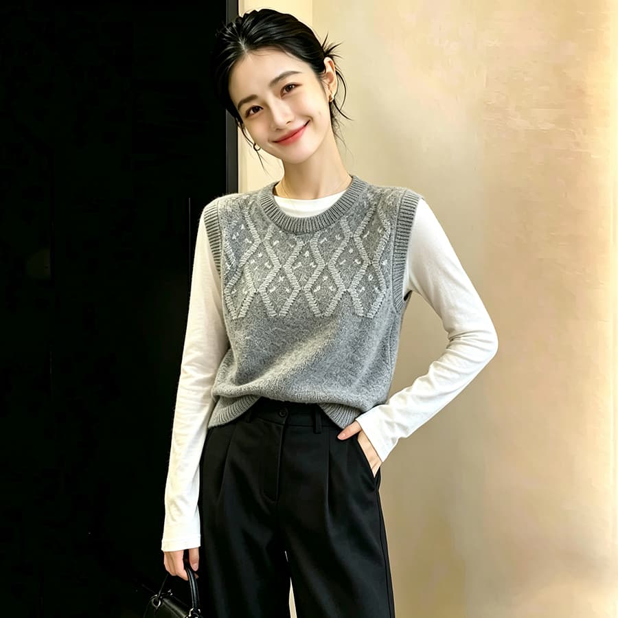 봄 가을 외부 가져 가라. 스택 착용 얇은 스타일 양모 스웨터 여자 작은 키 루즈핏 양모 조끼 베스트 쇼트 스타일 니트 어깨 상세 이미지 12