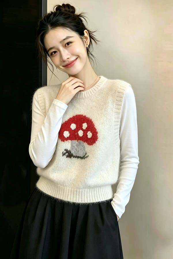 봄 가을 외부 가져 가라. 스택 착용 2026 가을 겨울 새로운 캐주얼 출퇴근 라운드 넥 빨간색 버섯 자카드 스웨터 조끼 여자 이미지 6