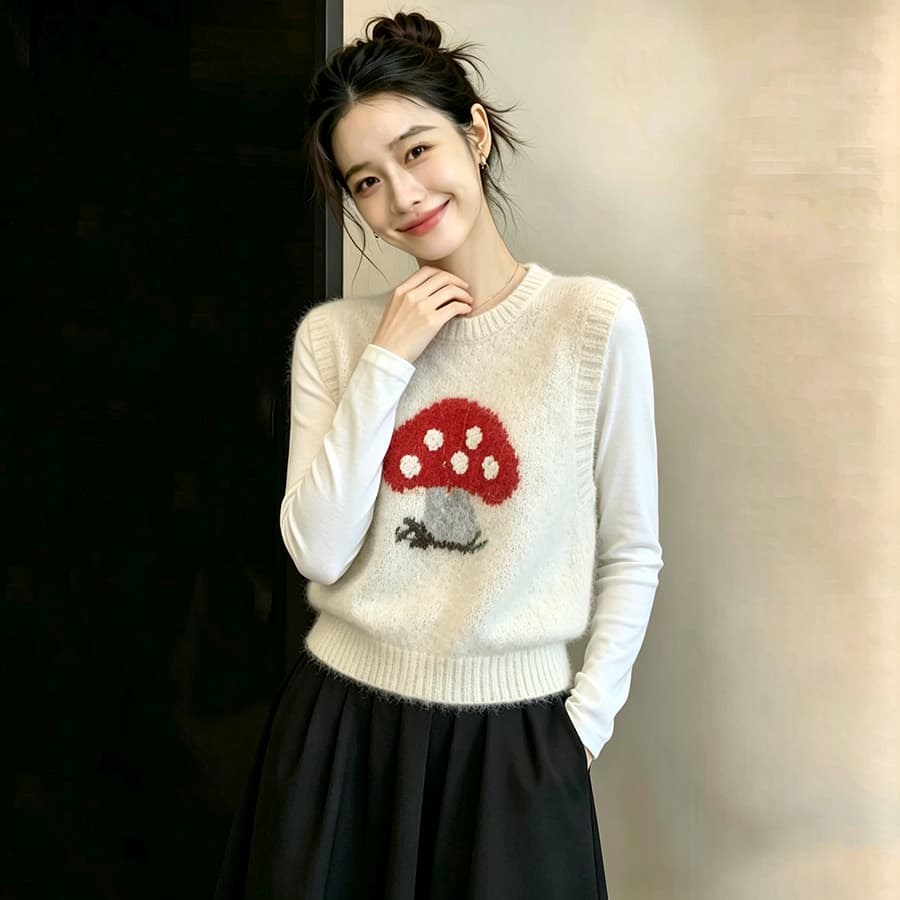 봄 가을 외부 가져 가라. 스택 착용 2026 가을 겨울 새로운 캐주얼 출퇴근 라운드 넥 빨간색 버섯 자카드 스웨터 조끼 여자 상세 이미지 8