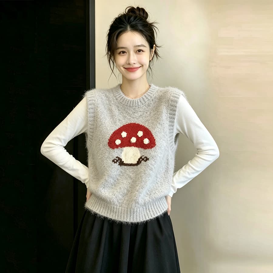 봄 가을 외부 가져 가라. 스택 착용 2026 가을 겨울 새로운 캐주얼 출퇴근 라운드 넥 빨간색 버섯 자카드 스웨터 조끼 여자 상세 이미지 9