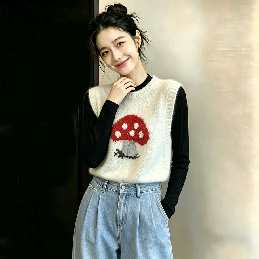 봄 가을 외부 가져 가라. 스택 착용 2026 가을 겨울 새로운 캐주얼 출퇴근 라운드 넥 빨간색 버섯 자카드 스웨터 조끼 여자 상세 이미지 10