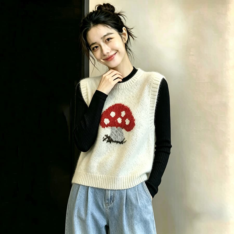 봄 가을 외부 가져 가라. 스택 착용 2026 가을 겨울 새로운 캐주얼 출퇴근 라운드 넥 빨간색 버섯 자카드 스웨터 조끼 여자 상세 이미지 11