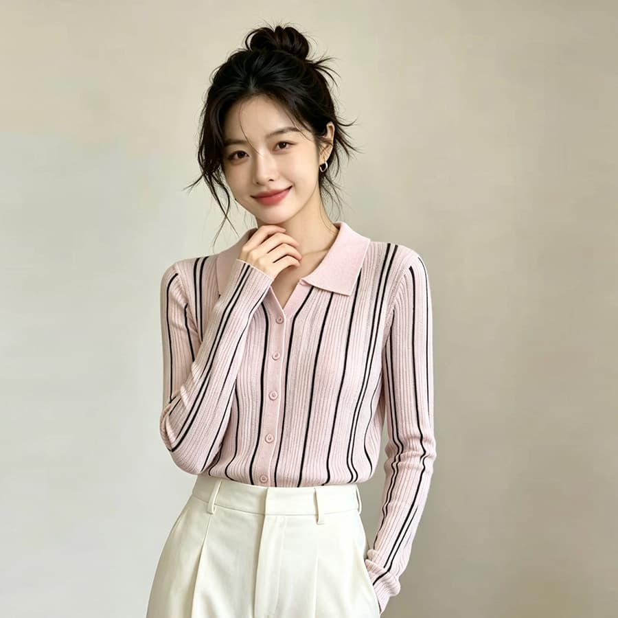 정가 오래된 돈 바람 스트라이프 폴로 칼라 긴팔 여성 셔츠 가을 새로운 프랑스식 품격 니트 오픈 가디건 맨위 이미지 4