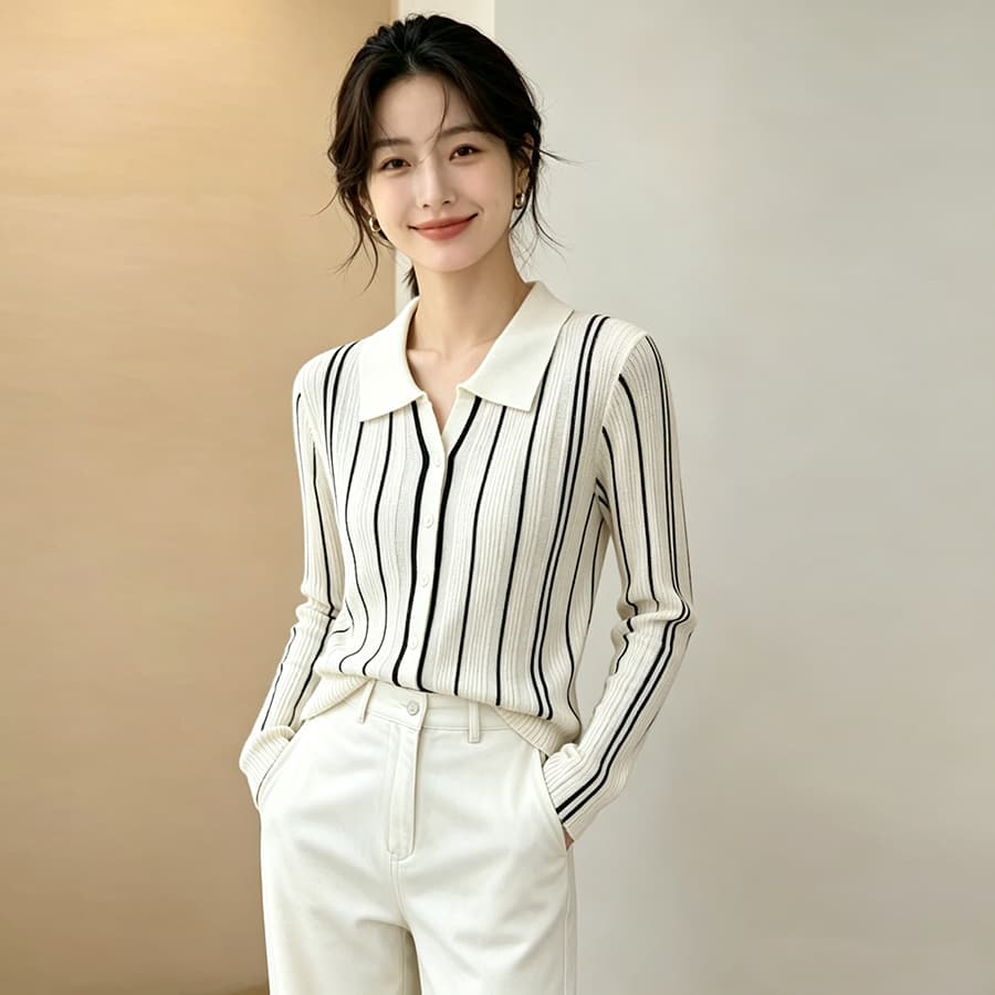 정가 오래된 돈 바람 스트라이프 폴로 칼라 긴팔 여성 셔츠 가을 새로운 프랑스식 품격 니트 오픈 가디건 맨위 상세 이미지 1