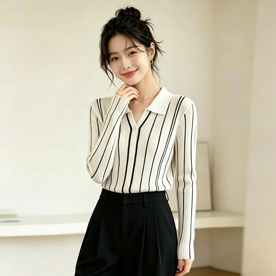 정가 오래된 돈 바람 스트라이프 폴로 칼라 긴팔 여성 셔츠 가을 새로운 프랑스식 품격 니트 오픈 가디건 맨위 상세 이미지 4