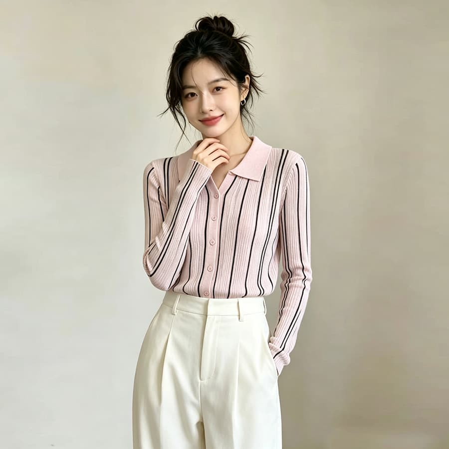 정가 오래된 돈 바람 스트라이프 폴로 칼라 긴팔 여성 셔츠 가을 새로운 프랑스식 품격 니트 오픈 가디건 맨위 상세 이미지 5